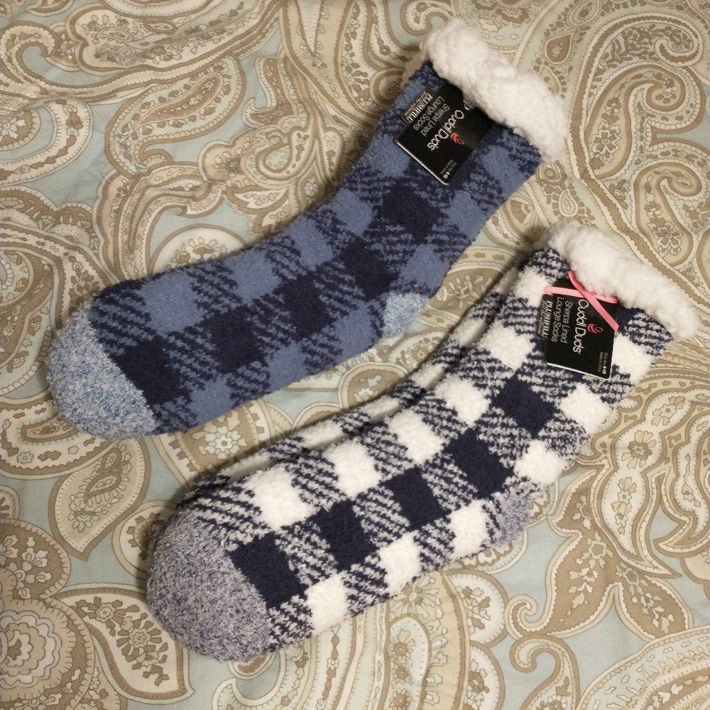 Blue and white plaid Cuddl Dud socks